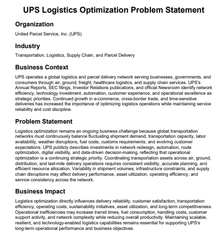 UPS Logistics Optimization Problem Statement - Free AI Problem Statement Generator, 50+Real Problem Statement Examples
