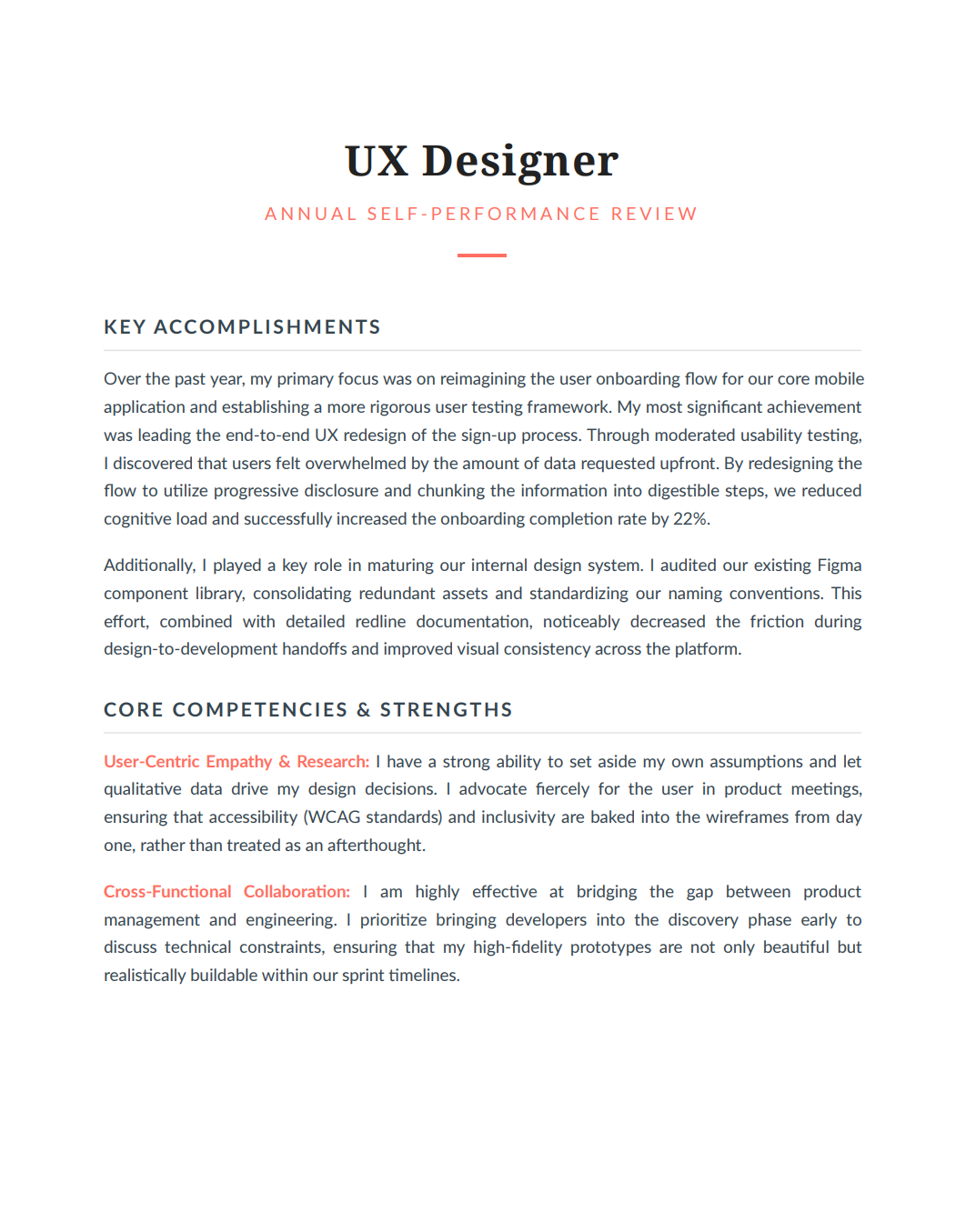 UX Designer Self Performance Review - Free AI Self Performance Review Generator, 50+ Real Self Performance Review Examples