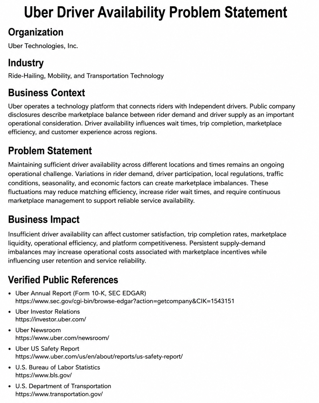 Uber Driver Availability Problem Statement - Free AI Problem Statement Generator, 50+Real Problem Statement Examples