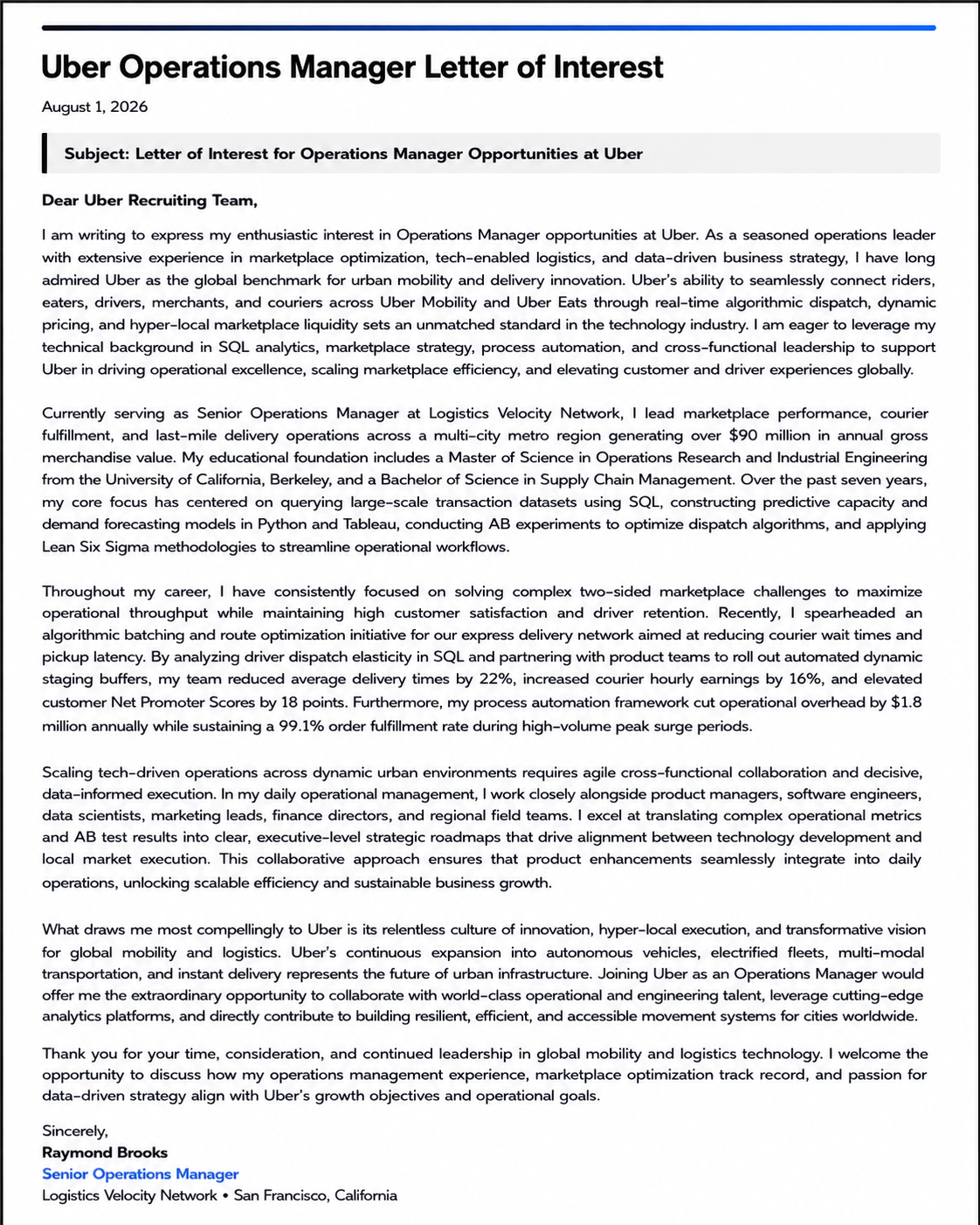 Uber Operations Manager Letter of Interest - Free AI Letter of Interest Generator, 50+ Real Letter of Interest Examples