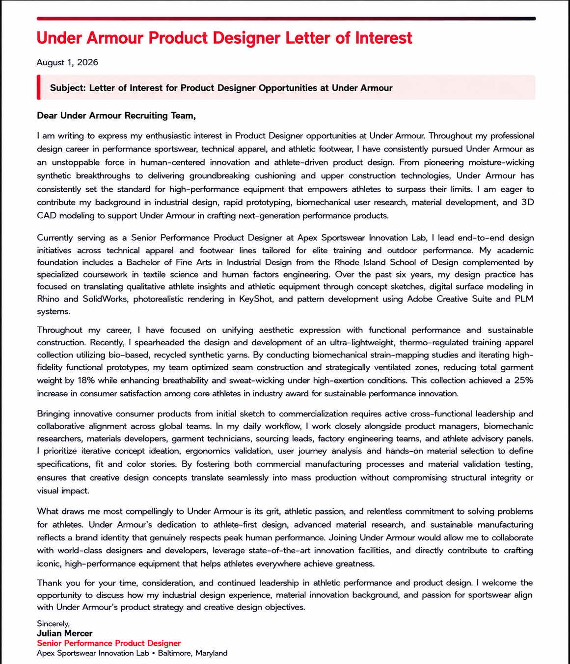 Under Armour Product Designer Letter of Interest Real World  - Free AI Letter of Interest Generator, 50+ Real Letter of Interest Examples