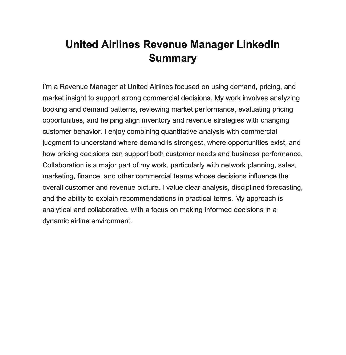 United Airlines Revenue Manager LinkedIn Summary - Free AI LinkedIn Summary Generator, 50+ Real LinkedIn Summary Examples