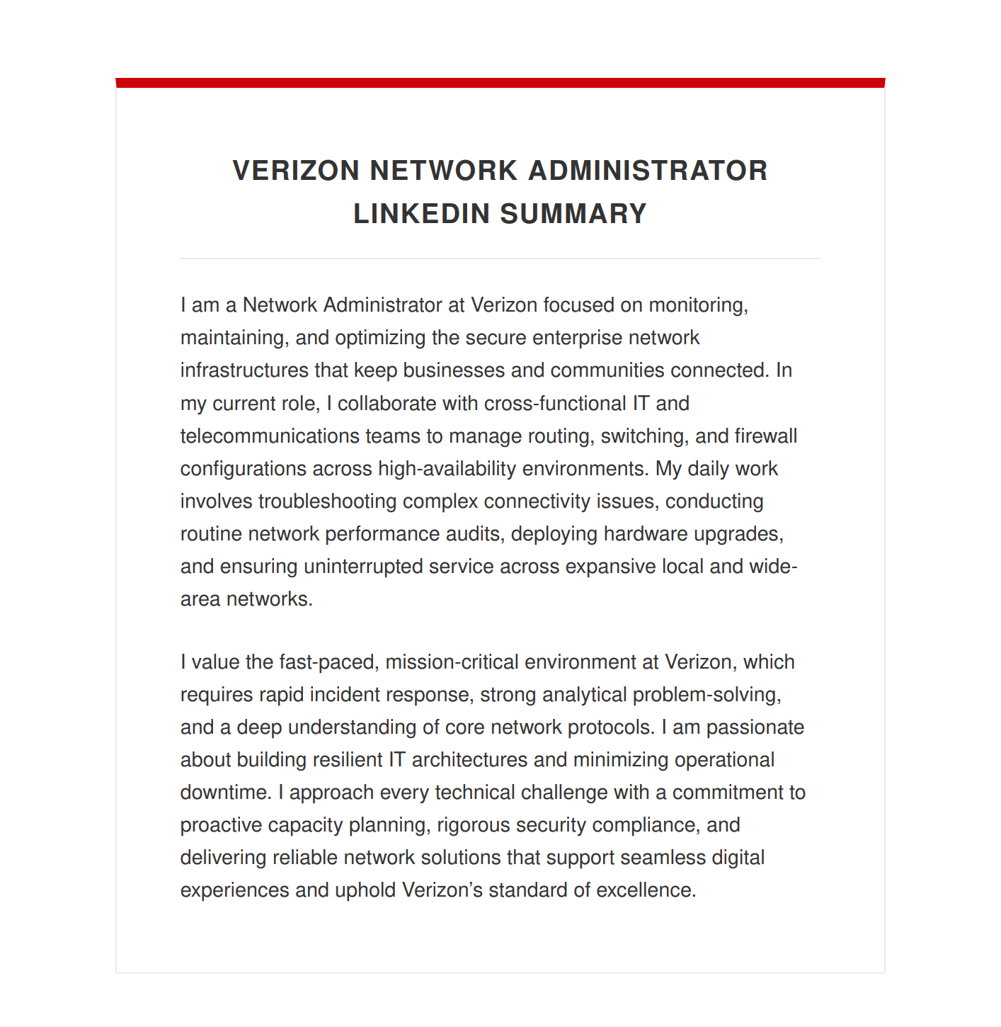 Verizon Network Administrator LinkedIn Summary - Free AI LinkedIn Summary Generator, 50+ Real LinkedIn Summary Examples