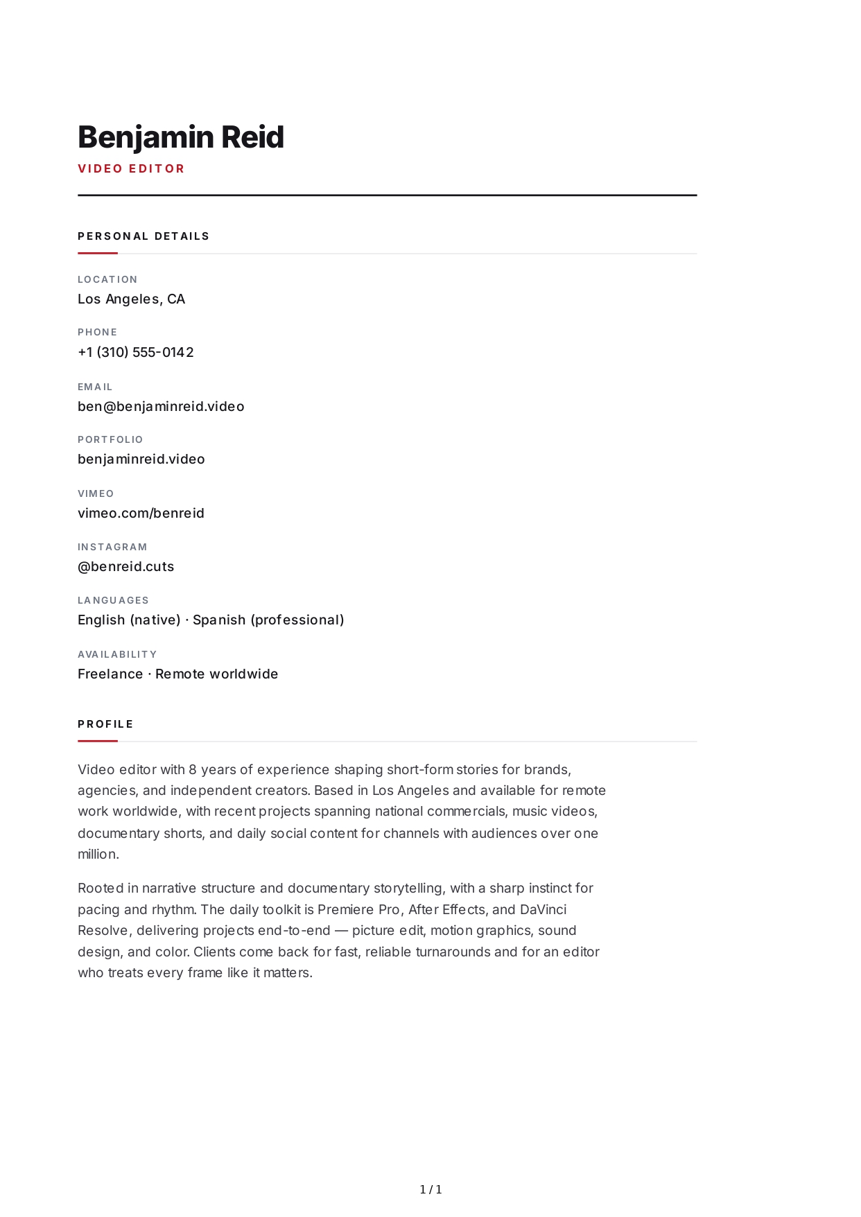 Video Editor Resume Profile - Free AI Resume Profile Generator, 50+ Real Resume Profile Examples