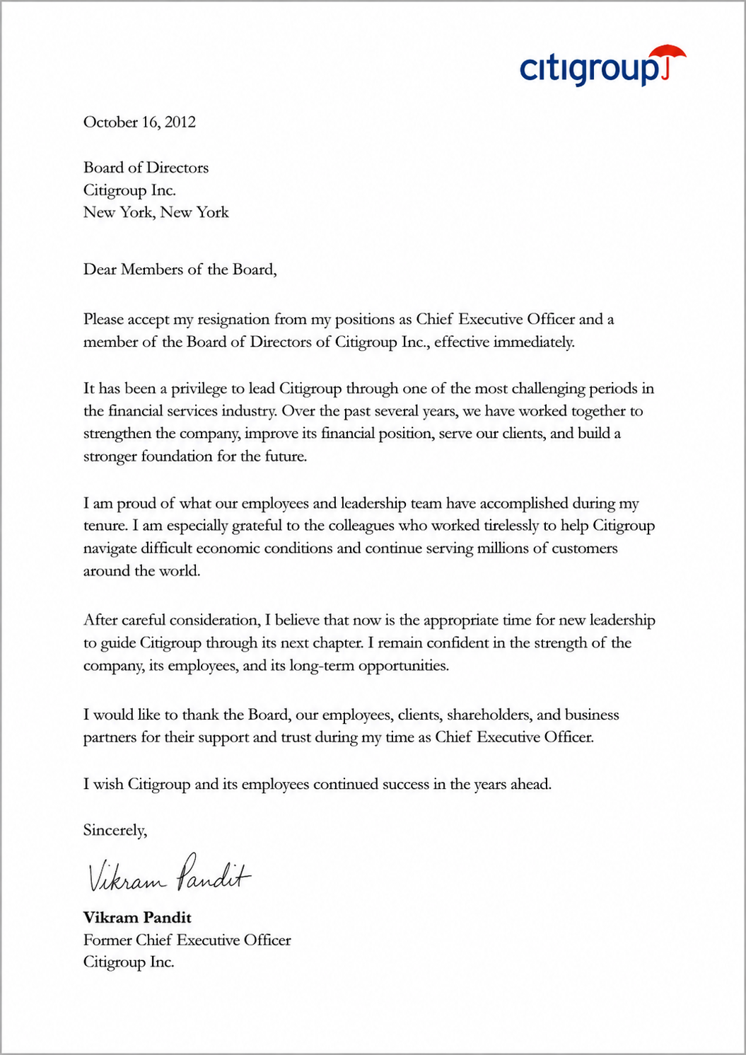 Vikram Pandit Resignation from Citigroup - Free AI Resignation Letter Generator, 50+ Real Resignation Letter Examples