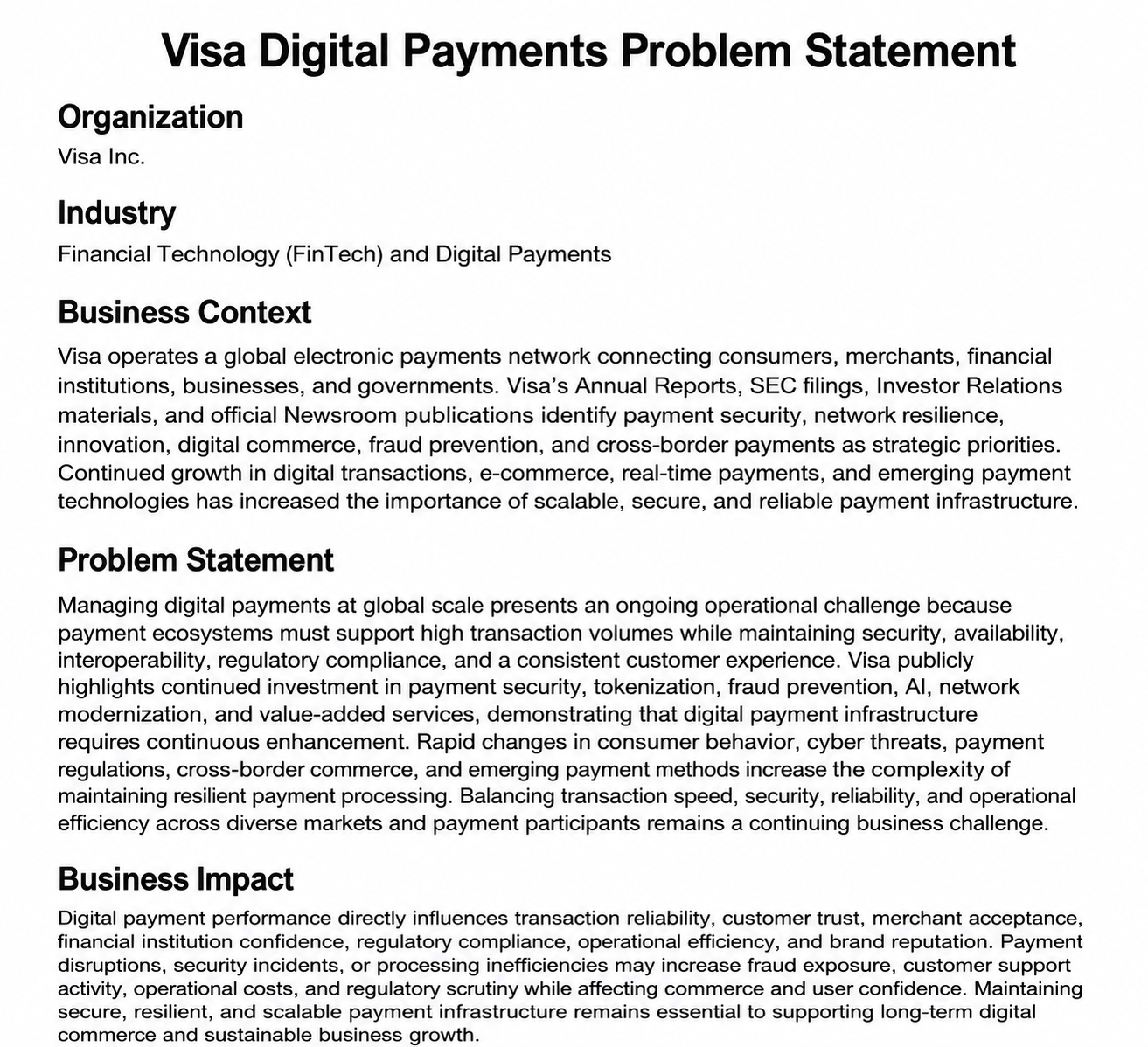 Visa Digital Payments Problem Statement - Free AI Problem Statement Generator, 50+Real Problem Statement Examples