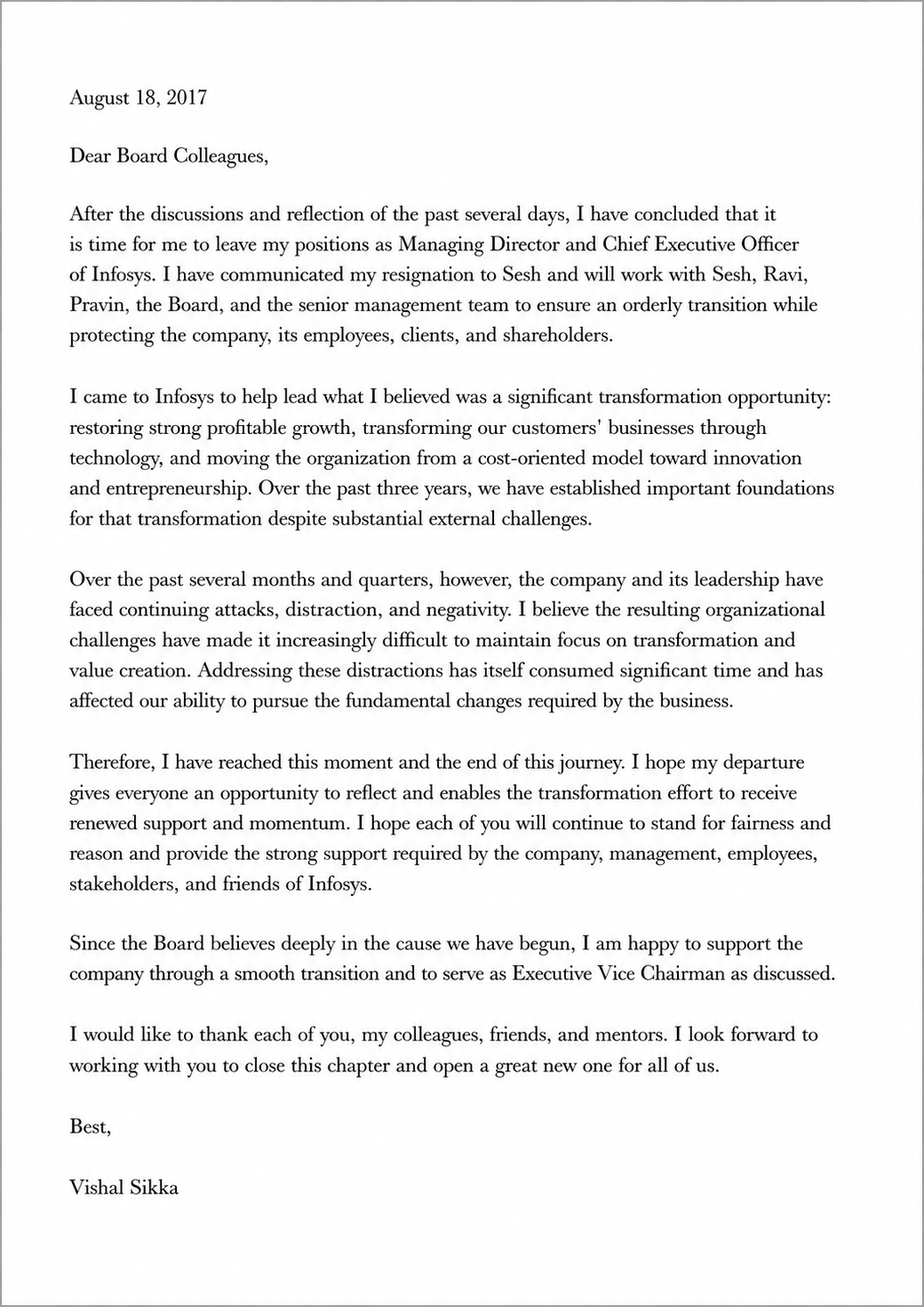 Vishal Sikka Resignation Letter from Infosys - Free AI Resignation Letter Generator, 50+ Real Resignation Letter Examples