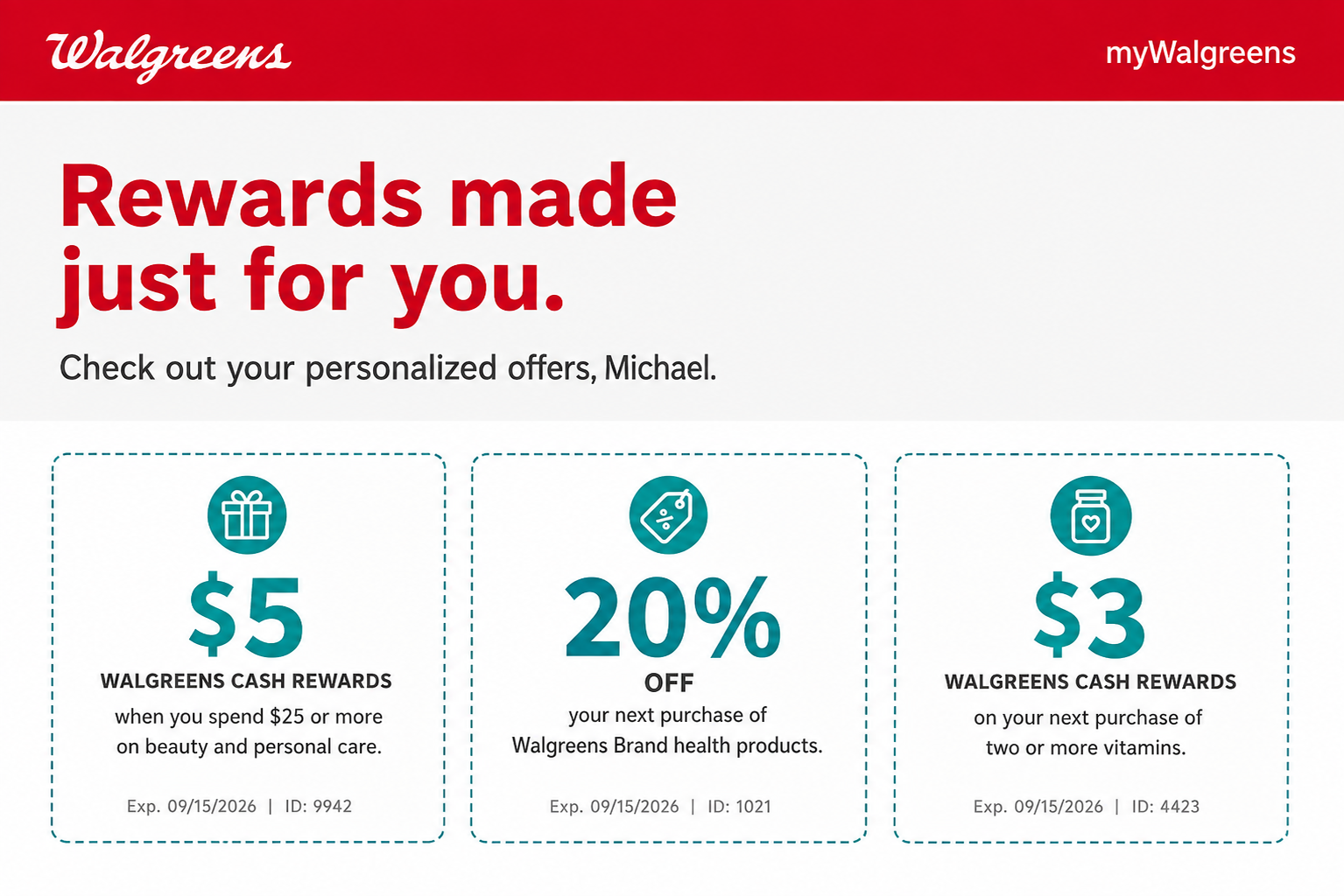 Walgreens myWalgreens Personalized Rewards Coupon Postcard - Free AI Postcard Generator, 50+ Real Postcard Examples