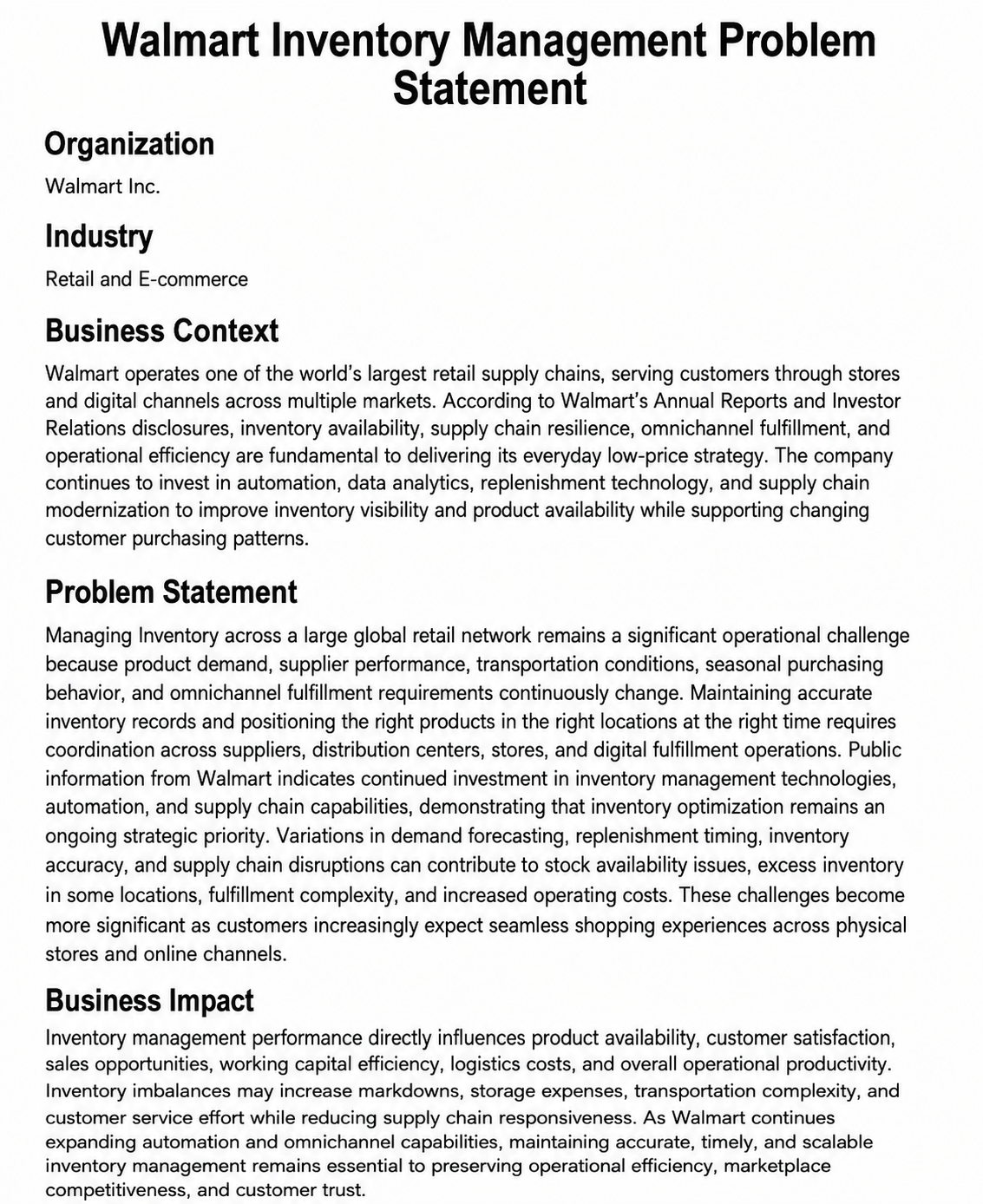 Walmart Inventory Management Problem Statement - Free AI Problem Statement Generator, 50+Real Problem Statement Examples