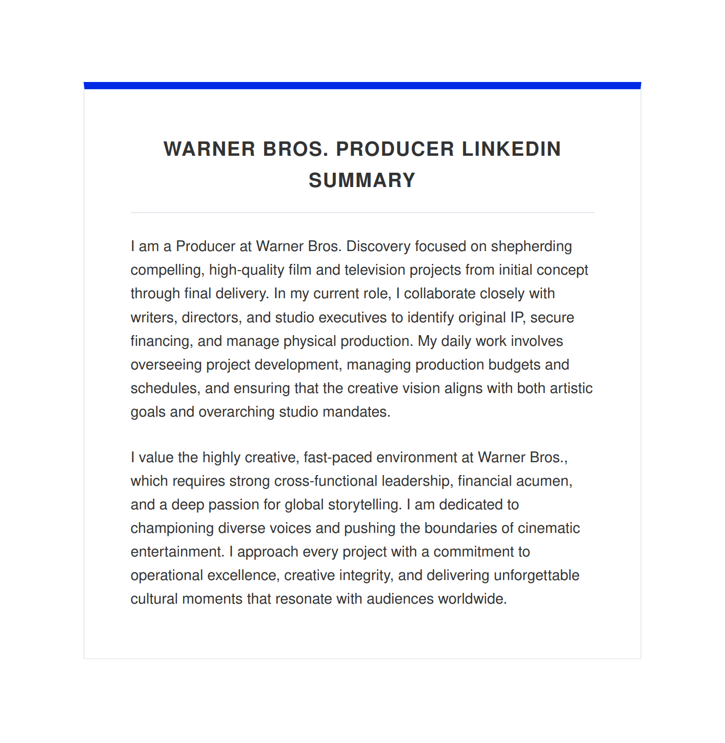 Warner Bros. Producer LinkedIn Summary - Free AI LinkedIn Summary Generator, 50+ Real LinkedIn Summary Examples