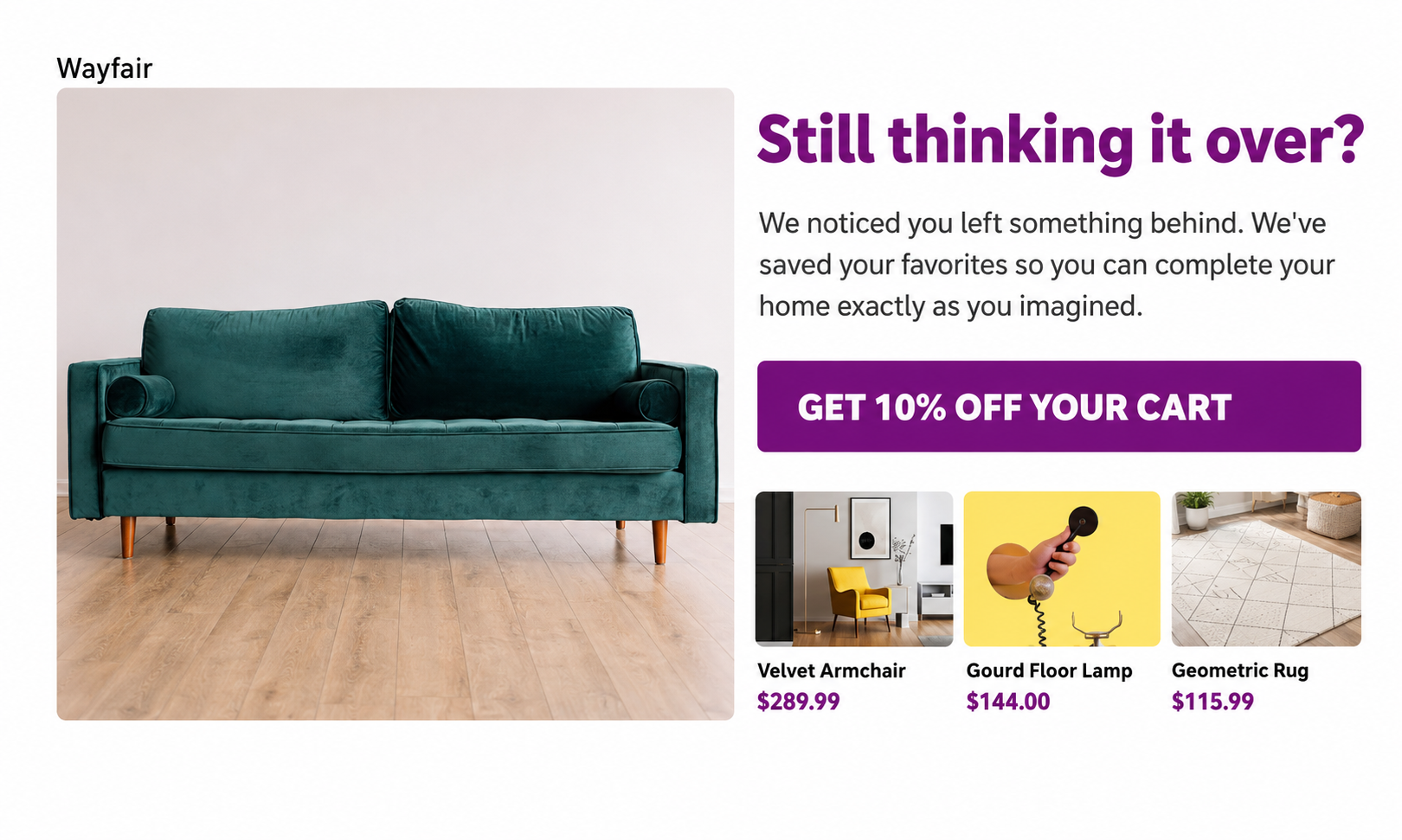Wayfair’s Abandoned Cart / Abandoned Checkout Postcard - Free AI Postcard Generator, 50+ Real Postcard Examples