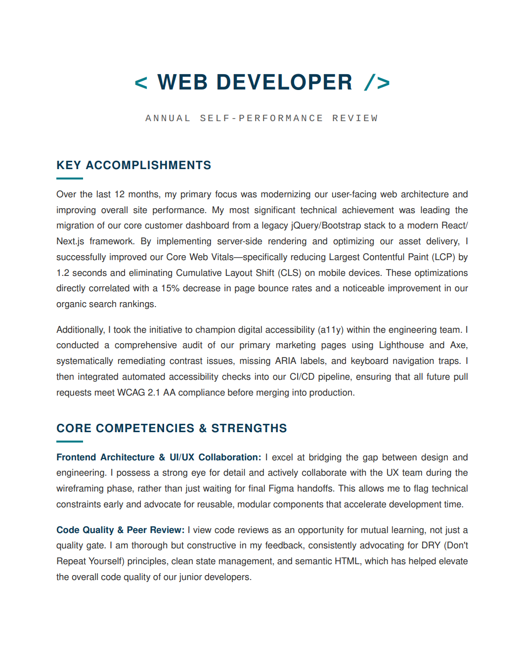 Web Developer Self Performance Review - Free AI Self Performance Review Generator, 50+ Real Self Performance Review Examples