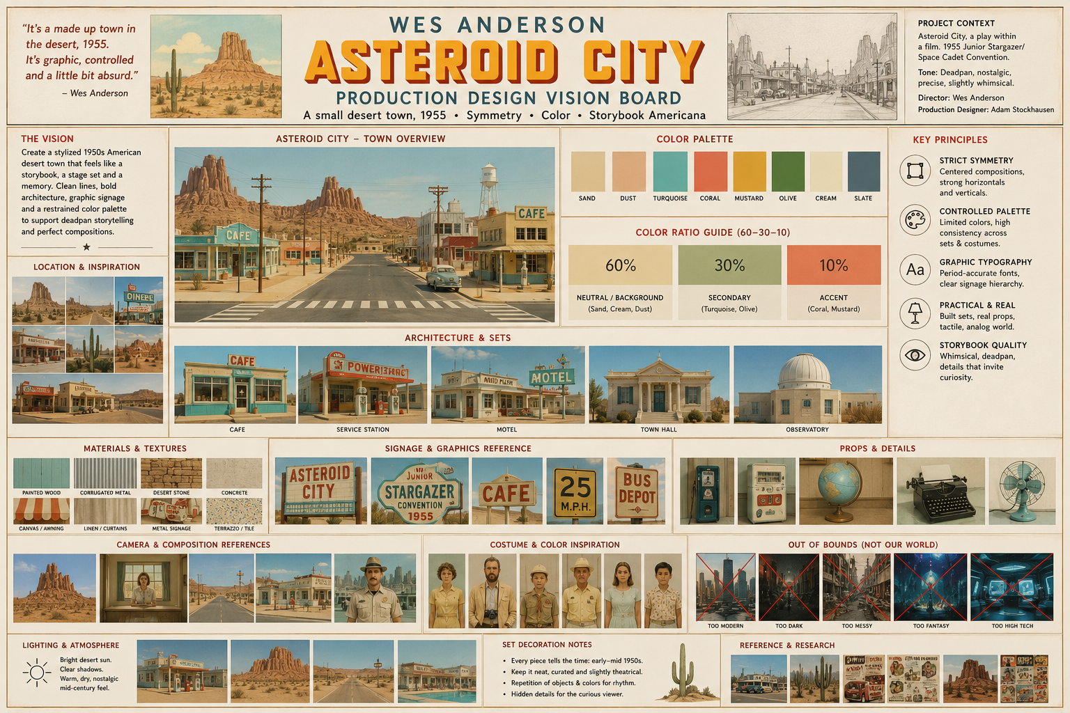Wes Anderson Asteroid City Production Design Vision Board - Free AI Vision Board Generator, 40+ Real Vision Board Examples