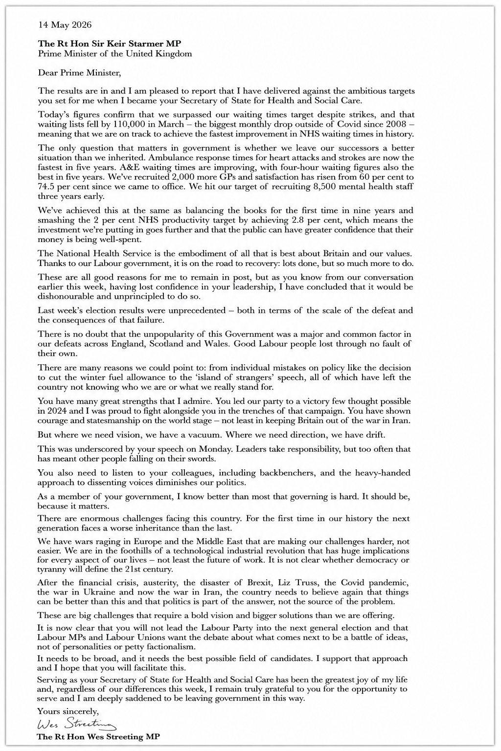 Wes Streeting Resignation Letter to Keir Starmer - Free AI Resignation Letter Generator, 50+ Real Resignation Letter Examples