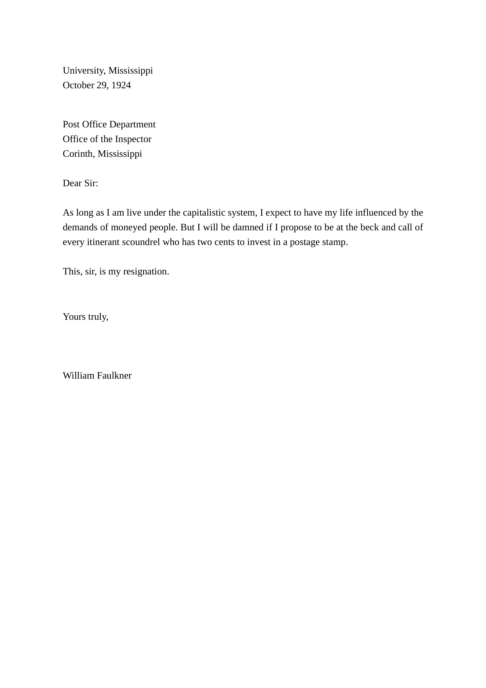 William Faulkner Resignation Letter as University Postmaster - Free AI Resignation Letter Generator, 50+ Real Resignation Letter Examples