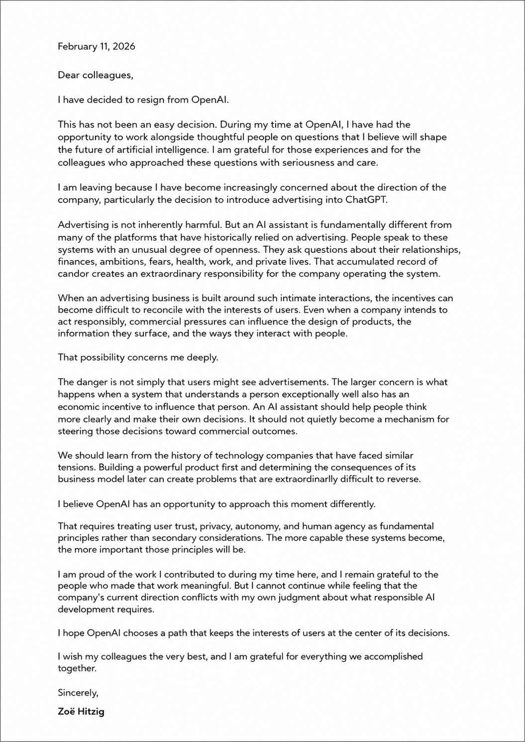 Zoë Hitzig Resignation from OpenAI - Free AI Resignation Letter Generator, 50+ Real Resignation Letter Examples