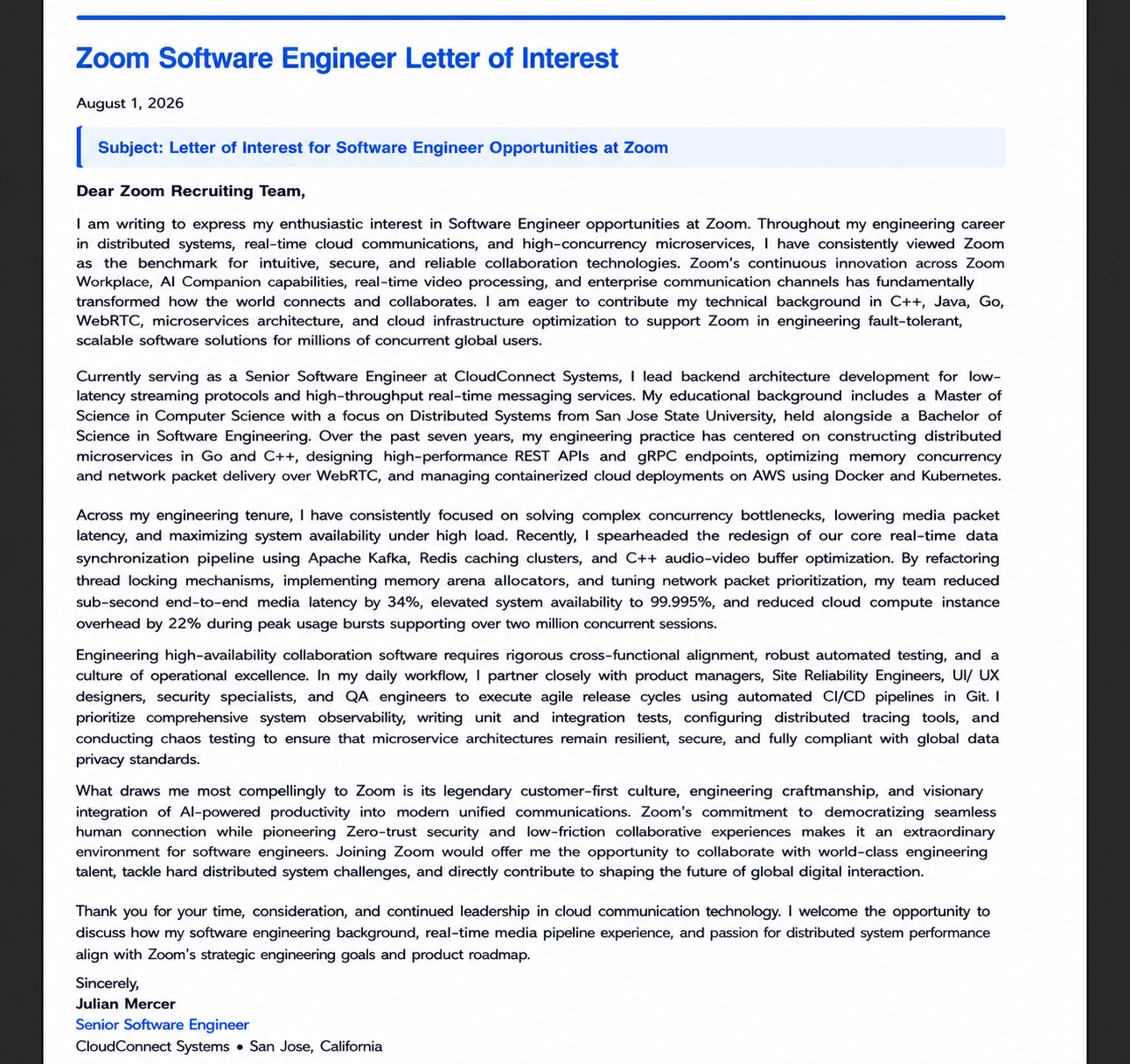 Zoom Software Engineer Letter of Interest - Free AI Letter of Interest Generator, 50+ Real Letter of Interest Examples