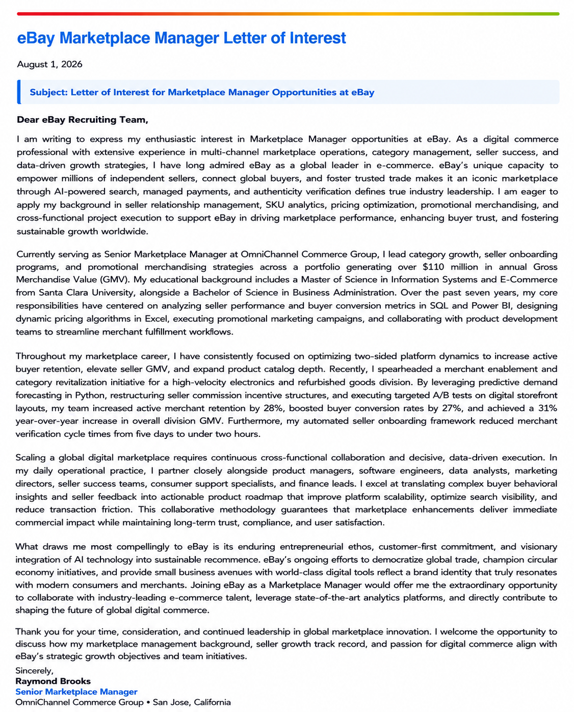eBay Marketplace Manager Letter of Interest - Free AI Letter of Interest Generator, 50+ Real Letter of Interest Examples