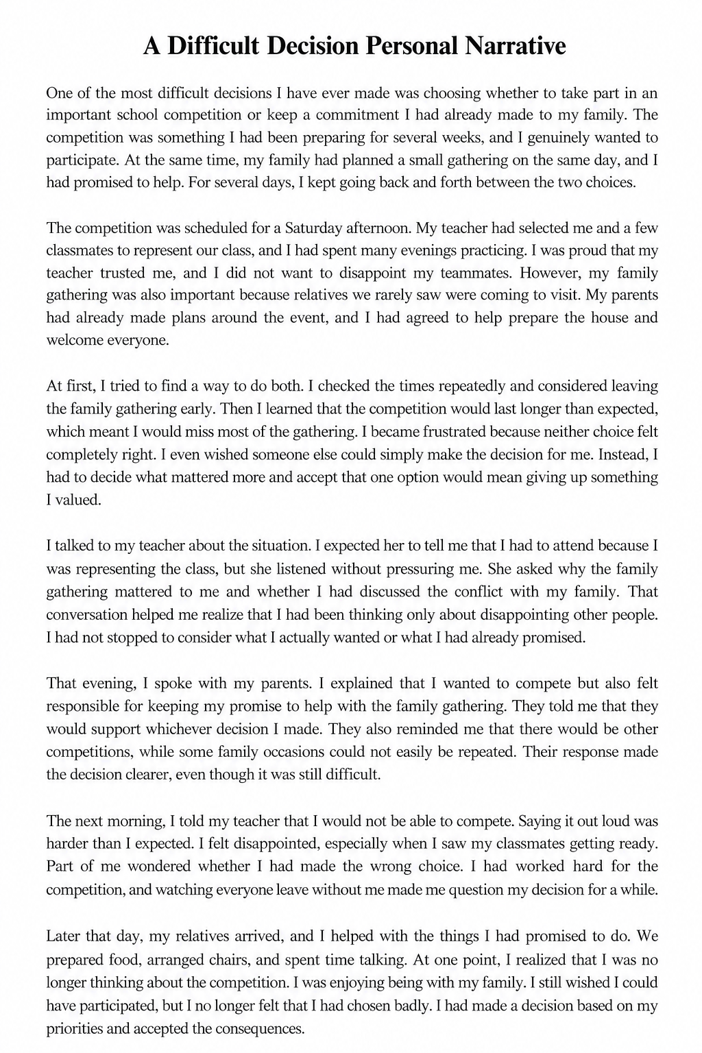 A Difficult Decision Personal Narrative - Free AI Personal Narrative Generator, 50+ Real Personal Narrative Examples