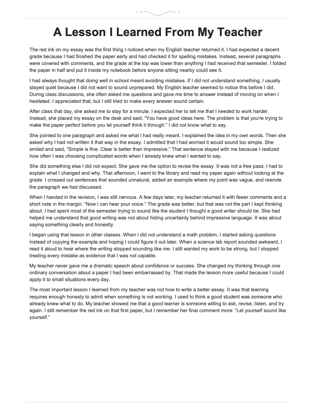 A Lesson I Learned From My Teacher Narrative Essay - Free AI Narrative Essay Generator, 50+ Real Narrative Essay Examples