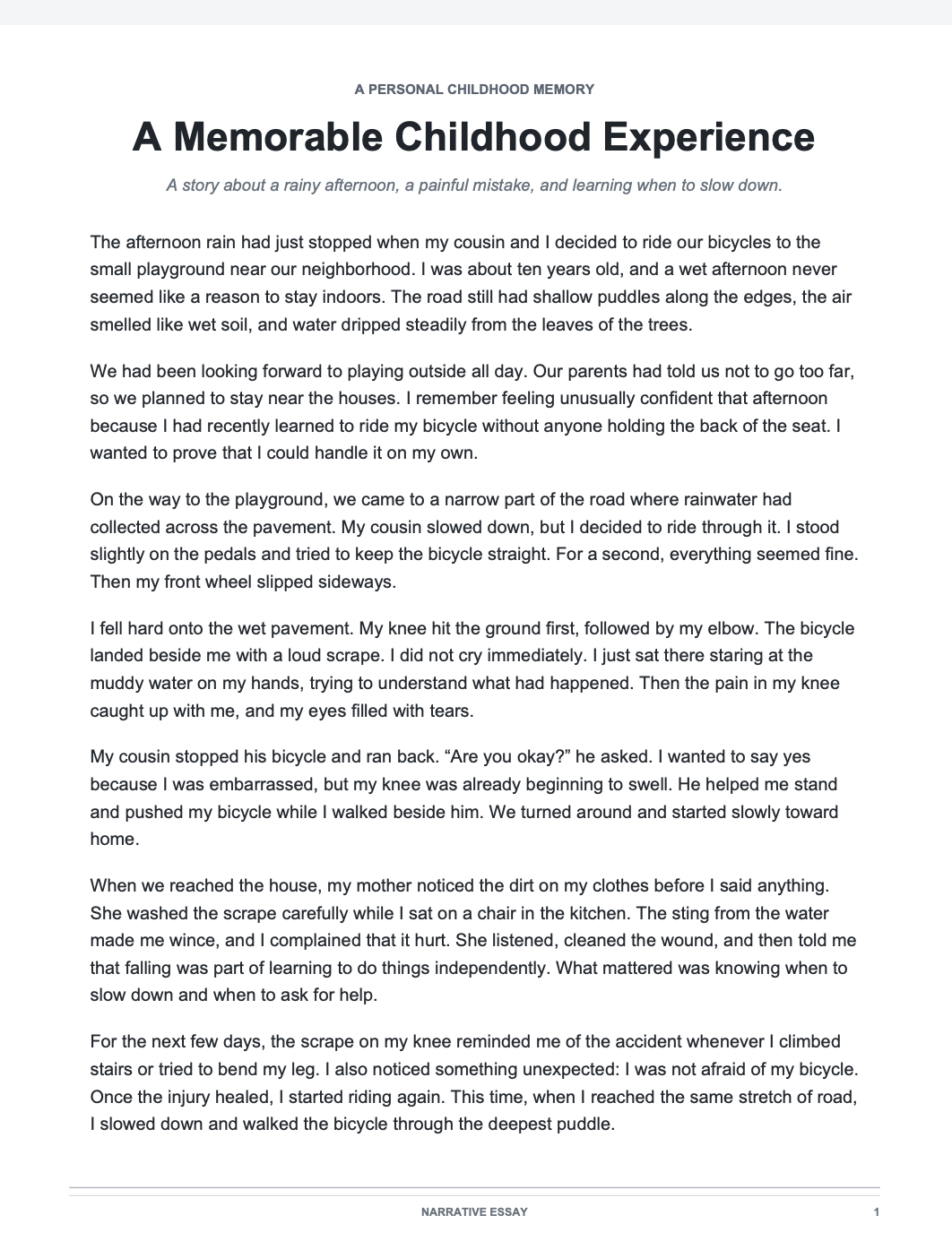 A Memorable Childhood Experience Narrative Essay - Free AI Narrative Essay Generator, 50+ Real Narrative Essay Examples