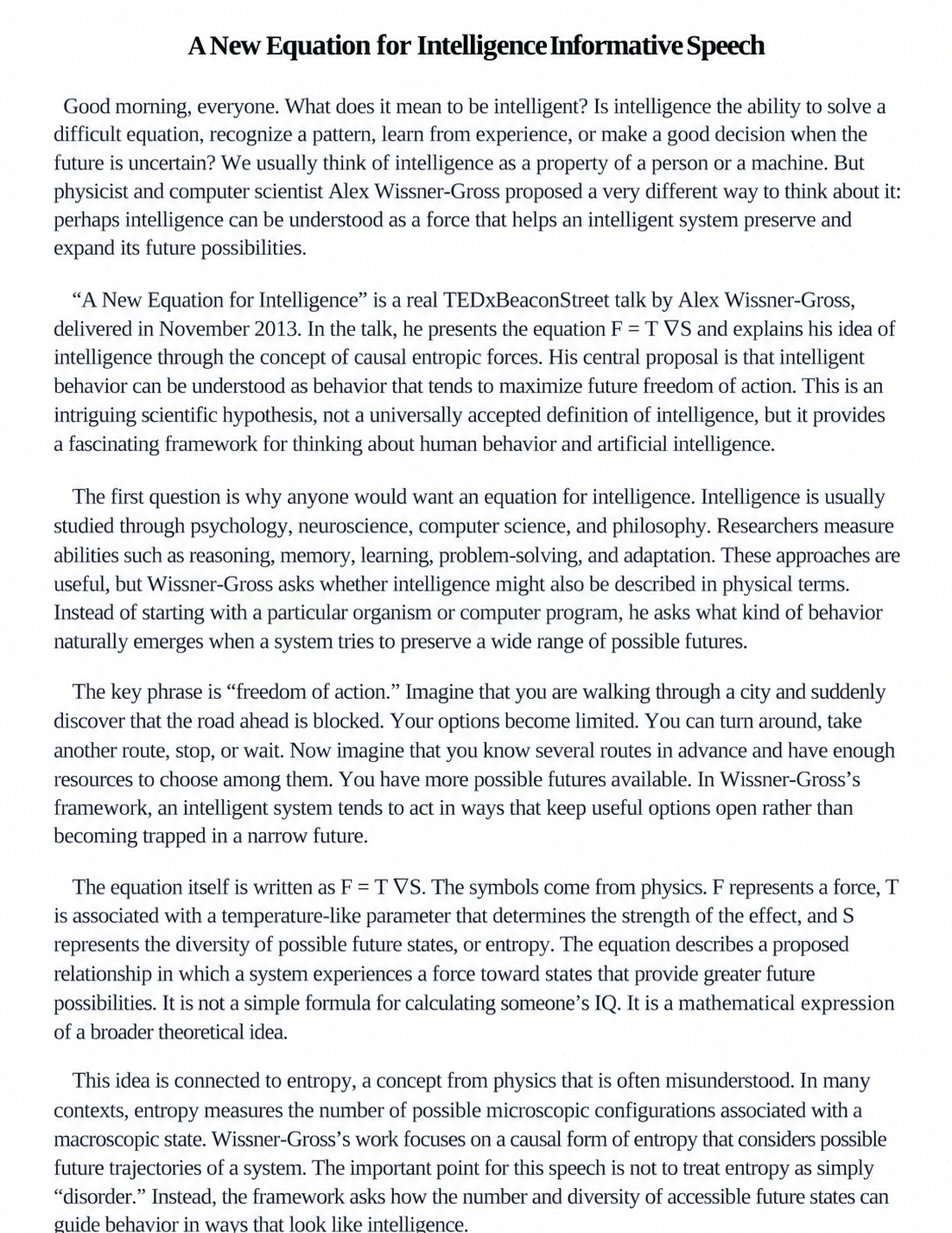 A New Equation for Intelligence Informative Speech - Free AI Informative Speech Generator, 50+ Real Informative Speech Examples
