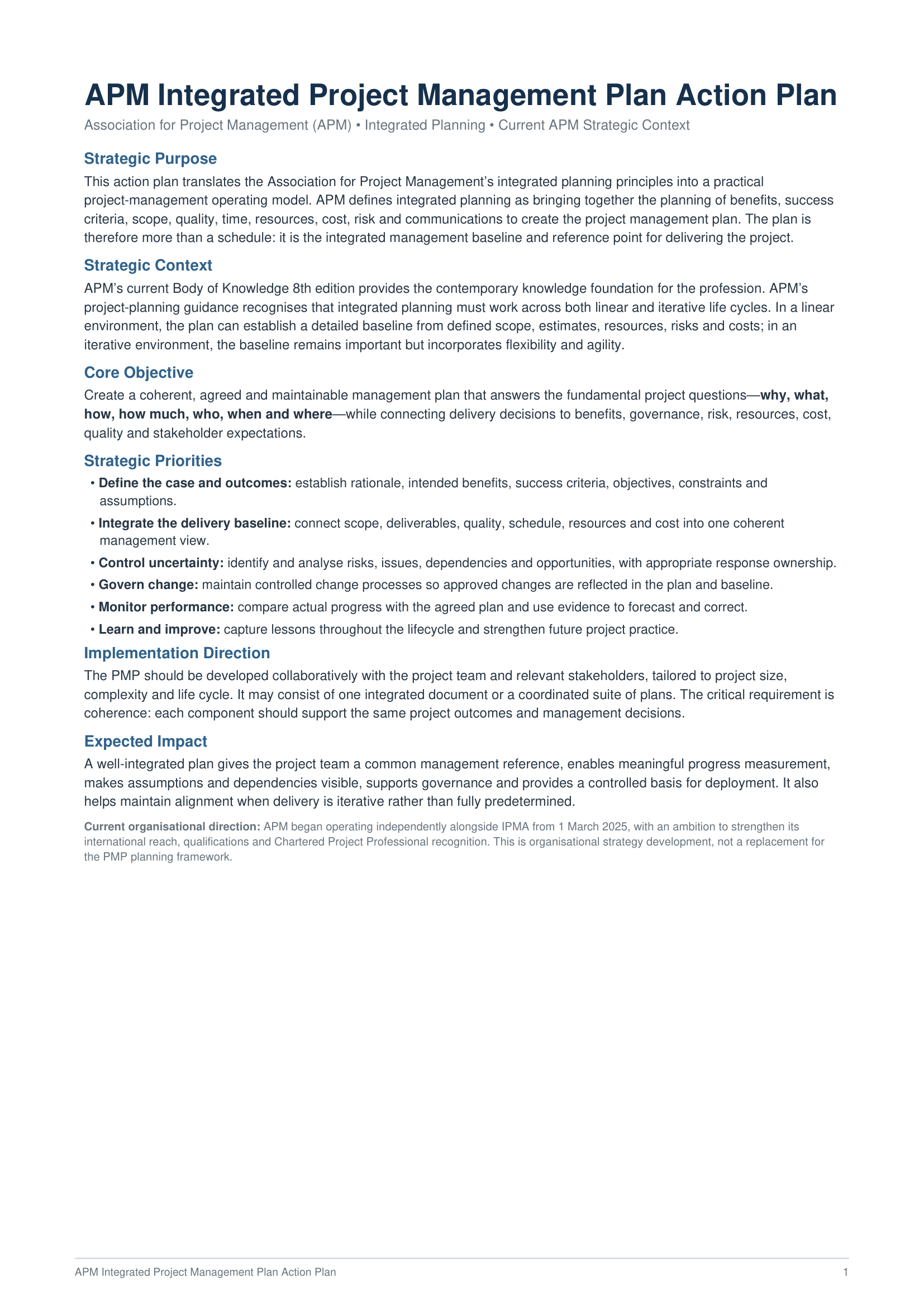 APM Integrated Project Management Plan Action Plan - Free AI Action Plan Generator, 50+ Real Action Plan Examples