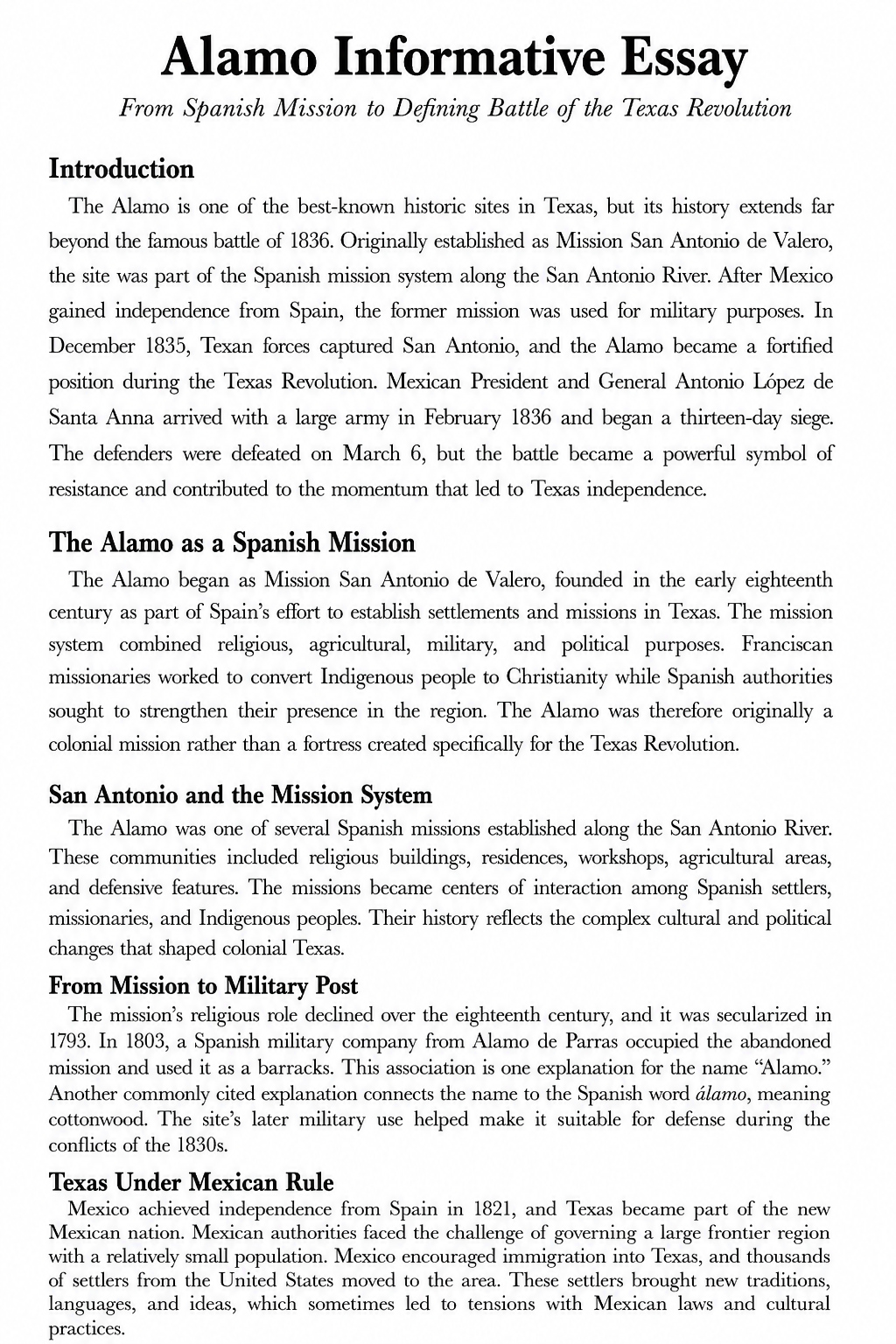 Alamo Informative Essay - Free AI Informative Essay Generator, 50+ Real Informative Essay Examples