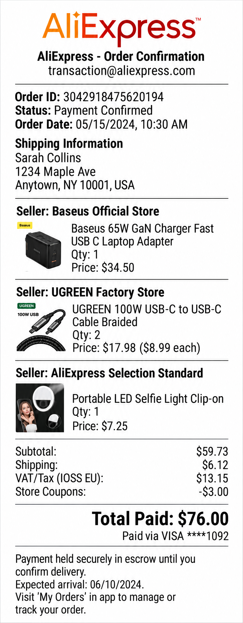 AliExpress Order Receipt - Free AI Receipt Generator, 50+ Real Receipt Examples