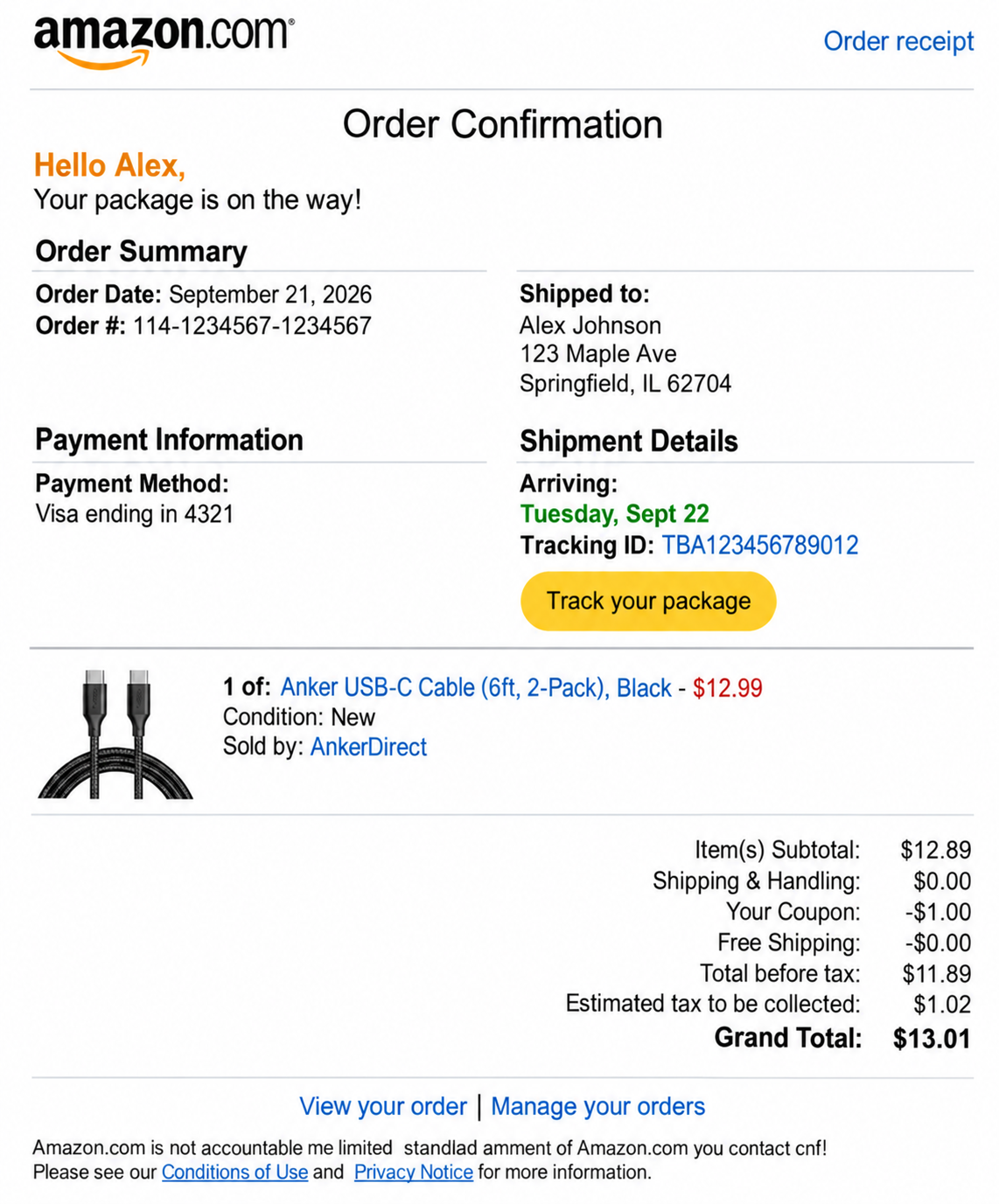 Amazon Order Confirmation Email Receipt - Free AI Receipt Generator, 50+ Real Receipt Examples