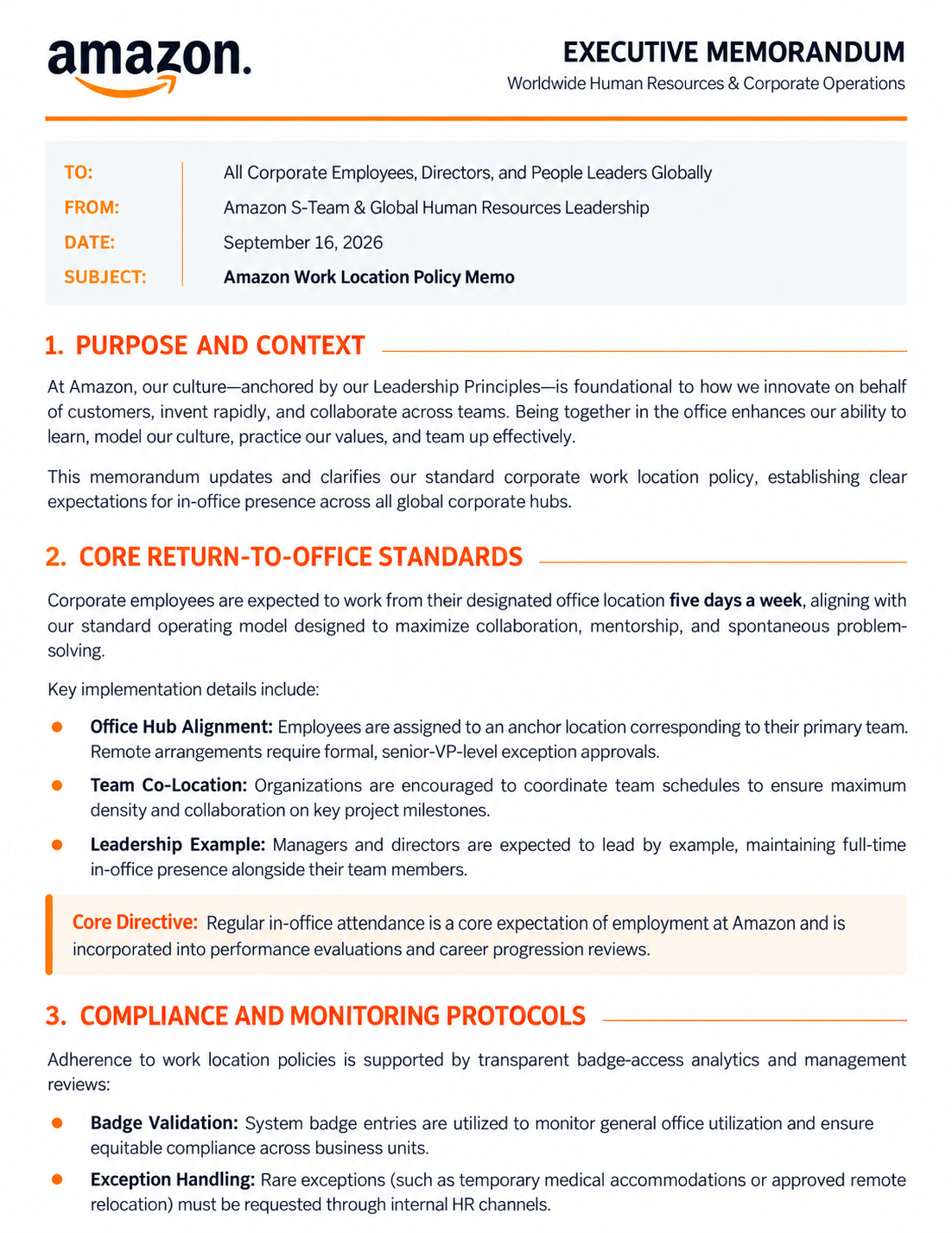 Amazon Work Location Policy Memo - Free AI Memo Generator, 50+ Real Memo Examples