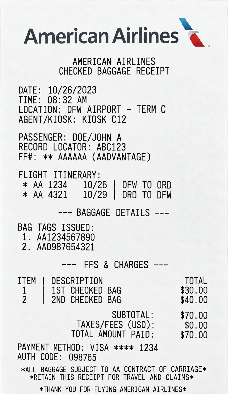 American Airlines Baggage Fee Receipt - Free AI Receipt Generator, 50+ Real Receipt Examples