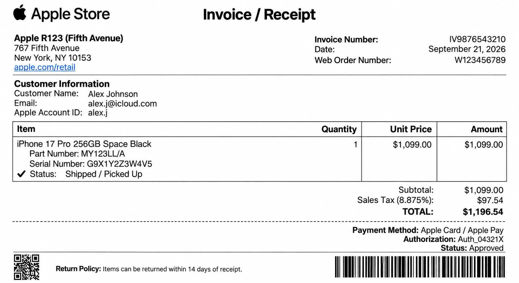 Apple Store Product Invoice Receipt - Free AI Receipt Generator, 50+ Real Receipt Examples