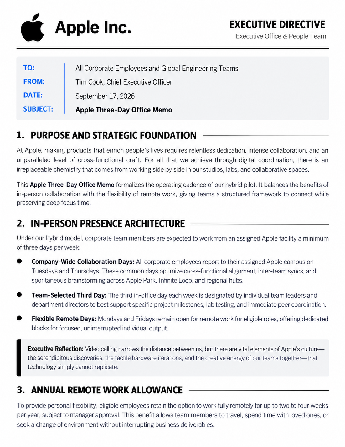 Apple Three-Day Office Memo - Free AI Memo Generator, 50+ Real Memo Examples