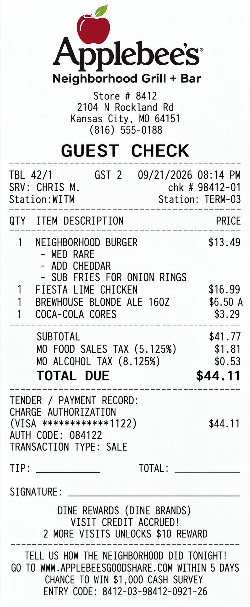 Applebee's Guest Check & Receipt - Free AI Receipt Generator, 50+ Real Receipt Examples