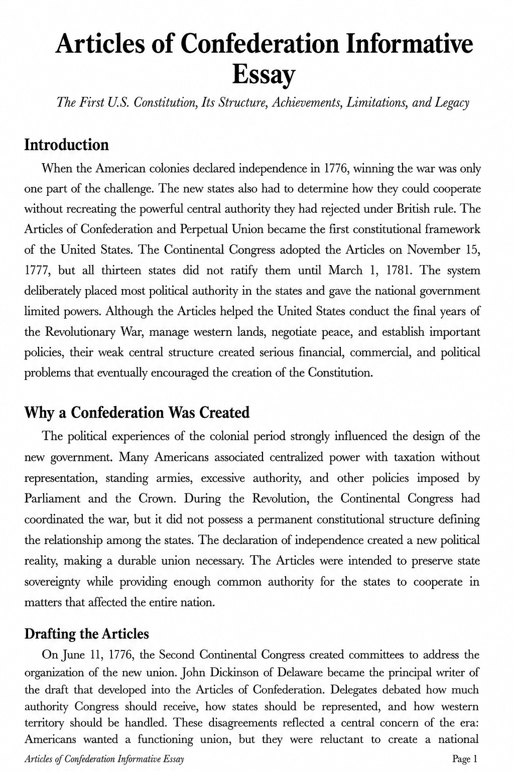 Articles of Confederation Informative Essay - Free AI Informative Essay Generator, 50+ Real Informative Essay Examples