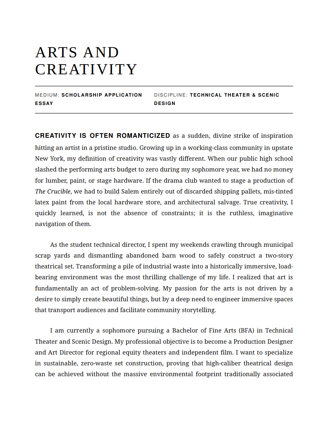 Arts and Creativity Scholarship Essay - Free AI Scholarship Essay Generator, 50+ Real Scholarship Essay Examples