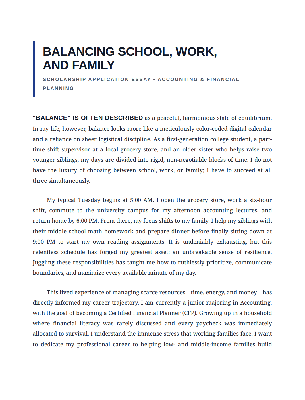 Balancing School Work and Family Scholarship Essay - Free AI Scholarship Essay Generator, 50+ Real Scholarship Essay Examples
