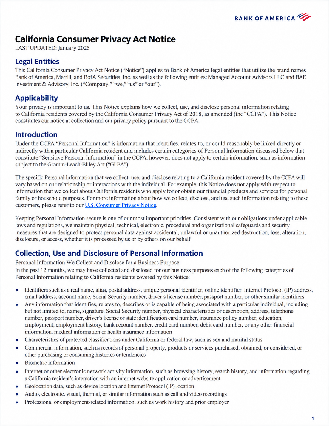 Bank of America California Consumer Privacy Act Notice - Free AI Notice Generator, 50+ Real Notice Examples