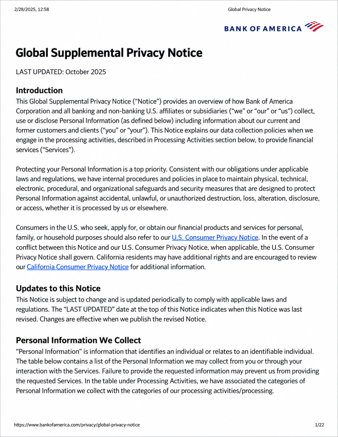 Bank of America Global Supplemental Privacy Notice - Free AI Notice Generator, 50+ Real Notice Examples