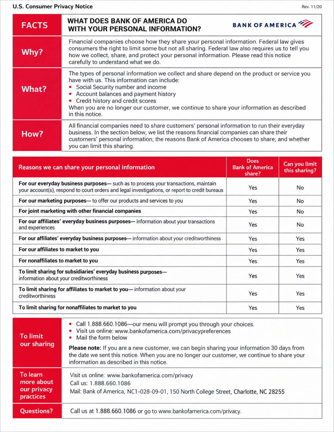 Bank of America U.S. Consumer Privacy Notice - Free AI Notice Generator, 50+ Real Notice Examples