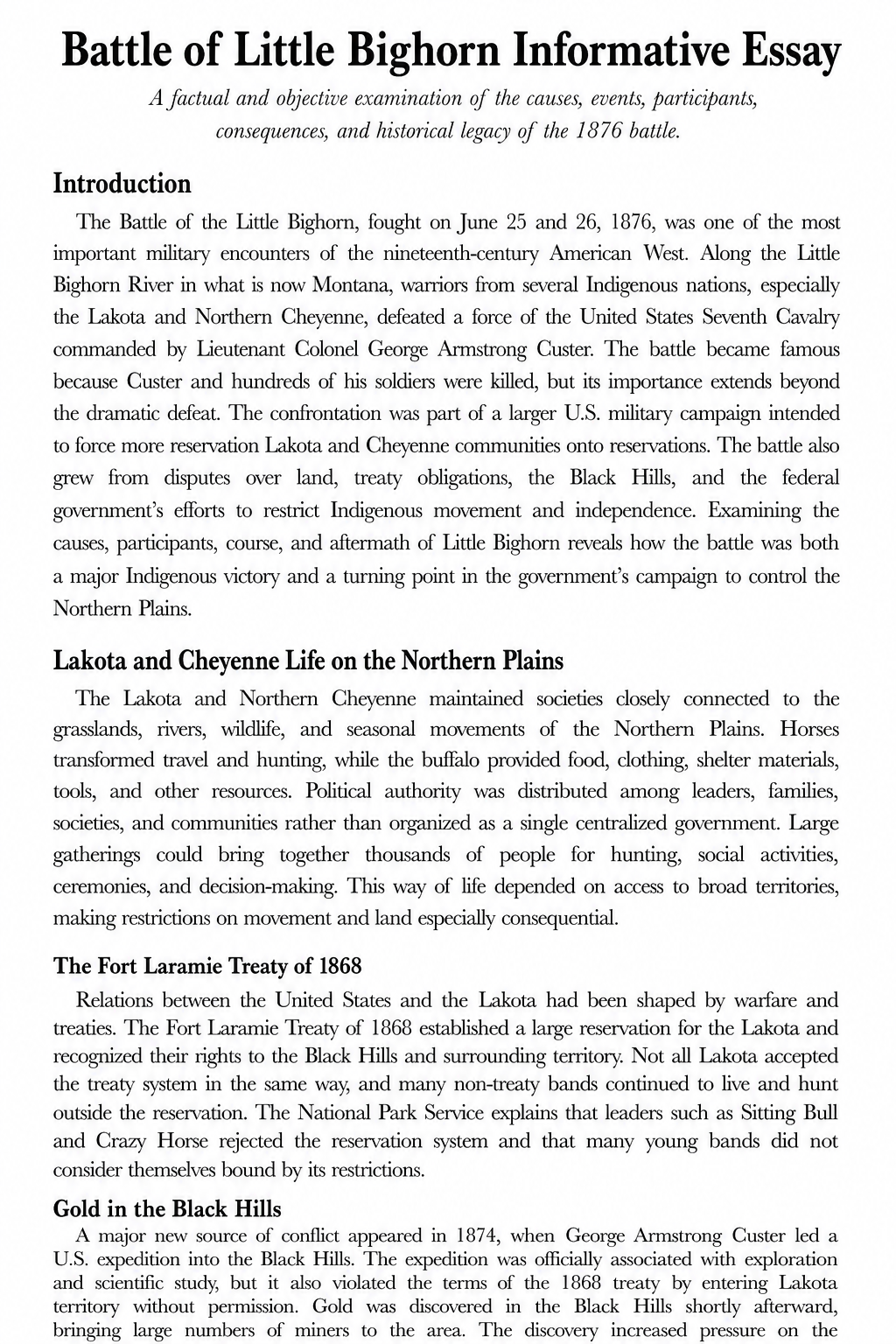 Battle of Little Bighorn Informative Essay - Free AI Informative Essay Generator, 50+ Real Informative Essay Examples