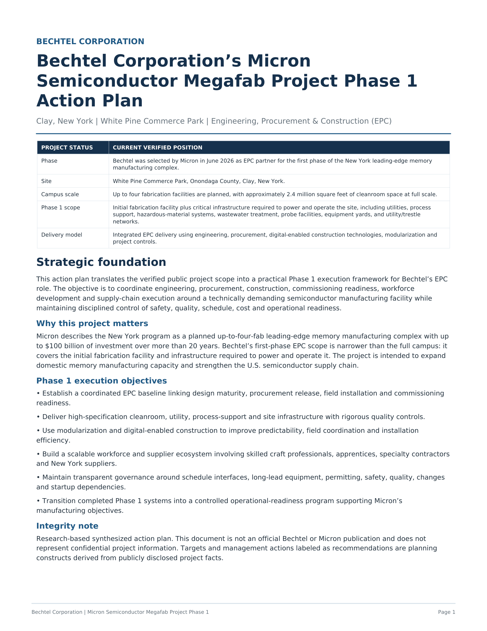 Bechtel Corporation’s Micron Semiconductor Megafab Project Action Plan - Free AI Action Plan Generator, 50+ Real Action Plan Examples