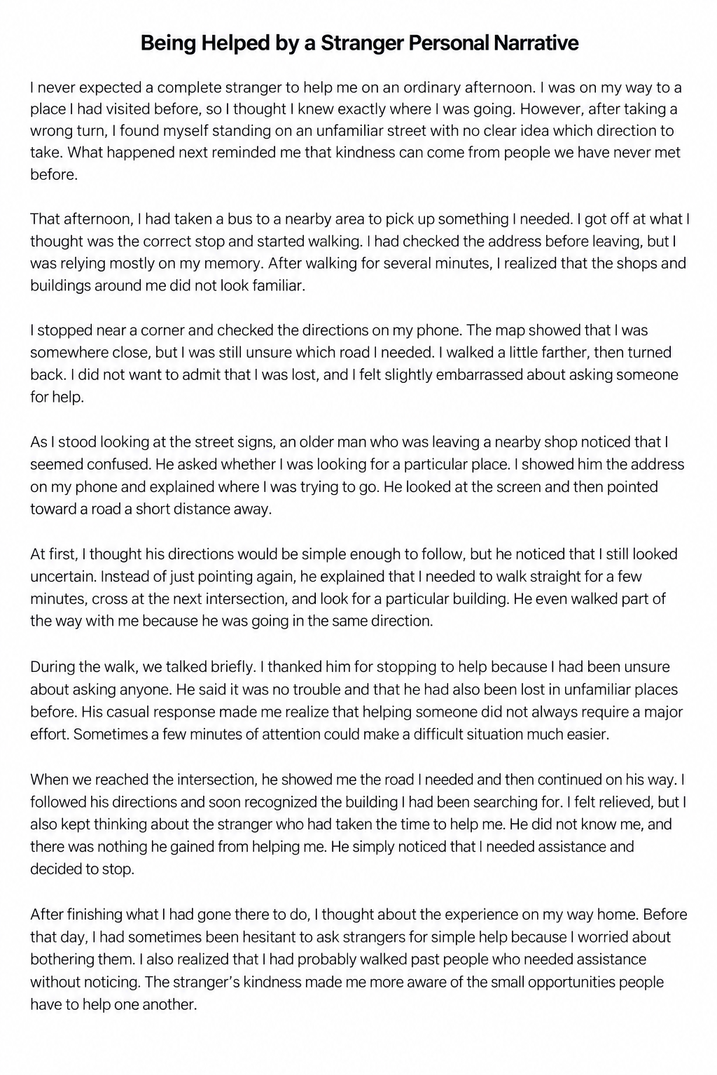 Being Helped by a Stranger Personal Narrative - Free AI Personal Narrative Generator, 50+ Real Personal Narrative Examples