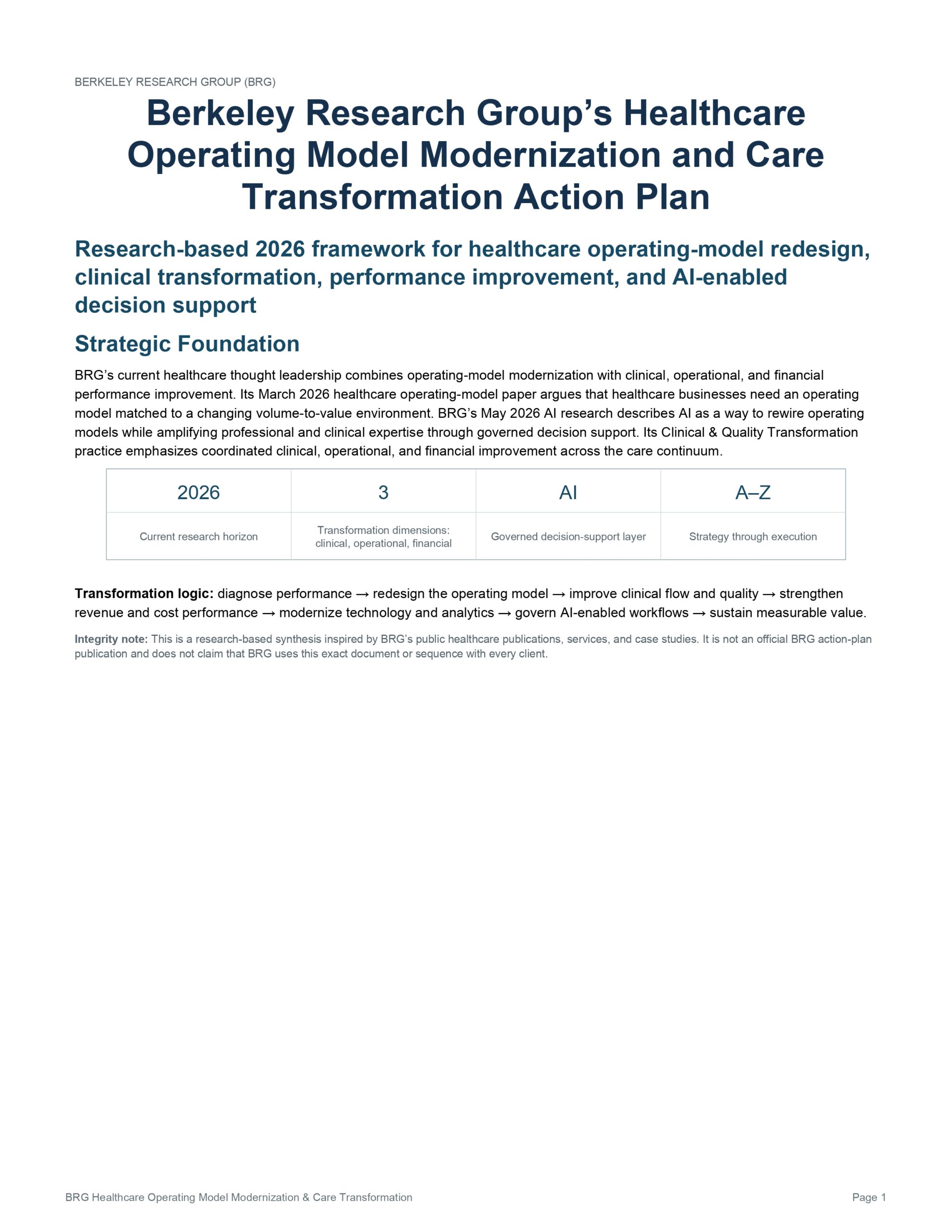 BRG Healthcare Operating Model Modernization and Care Transformation Action Plan - Free AI Action Plan Generator, 50+ Real Action Plan Examples