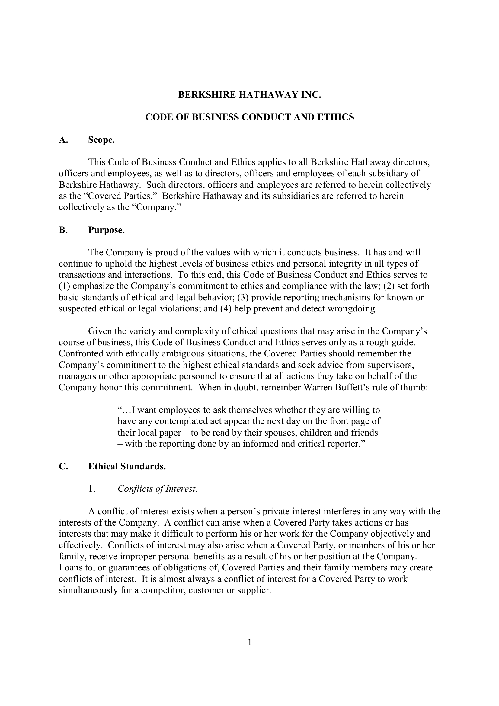 Berkshire Hathaway Code of Business Conduct and Ethics Handbook - Free AI Handbook Generator, 50+ Real Handbook Examples