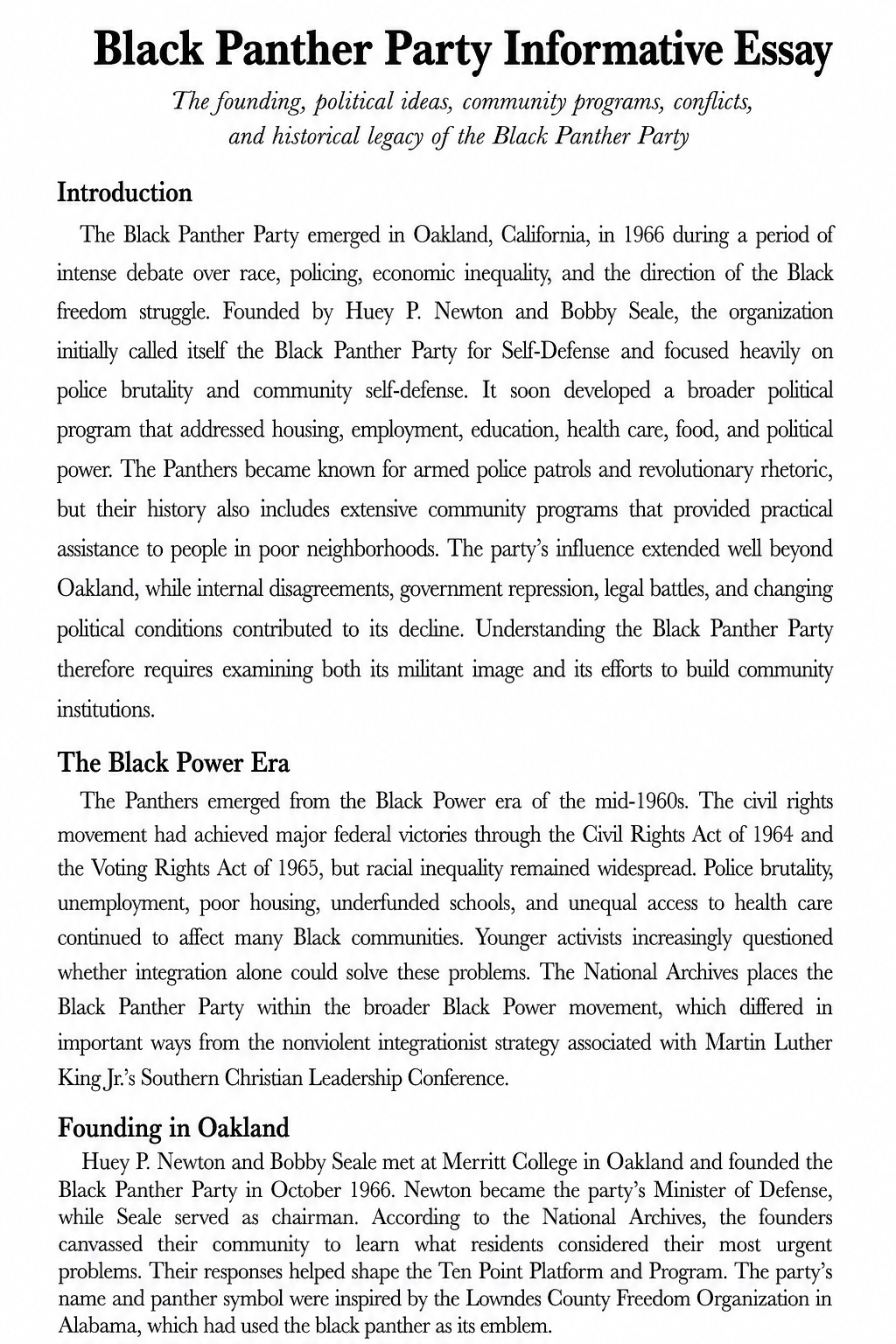 Black Panther Party Informative Essay - Free AI Informative Essay Generator, 50+ Real Informative Essay Examples