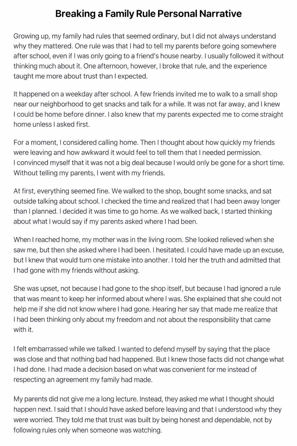 Breaking a Family Rule Personal Narrative - Free AI Personal Narrative Generator, 50+ Real Personal Narrative Examples