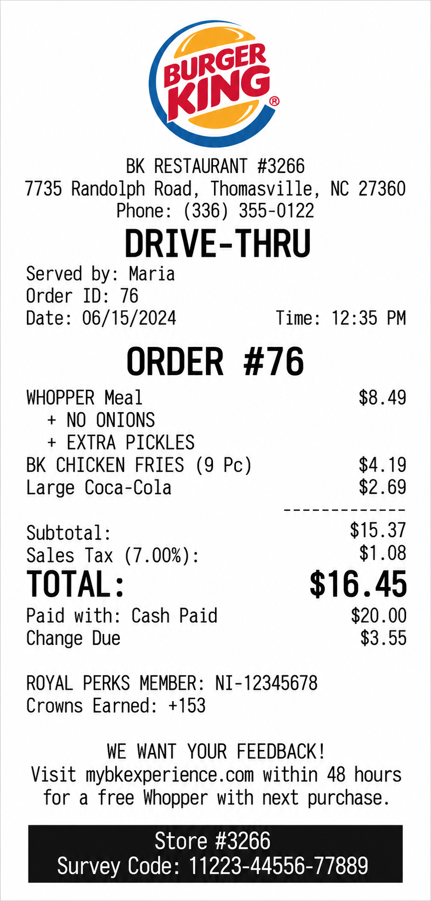 Burger King Drive-Thru Receipt - Free AI Receipt Generator, 50+ Real Receipt Examples