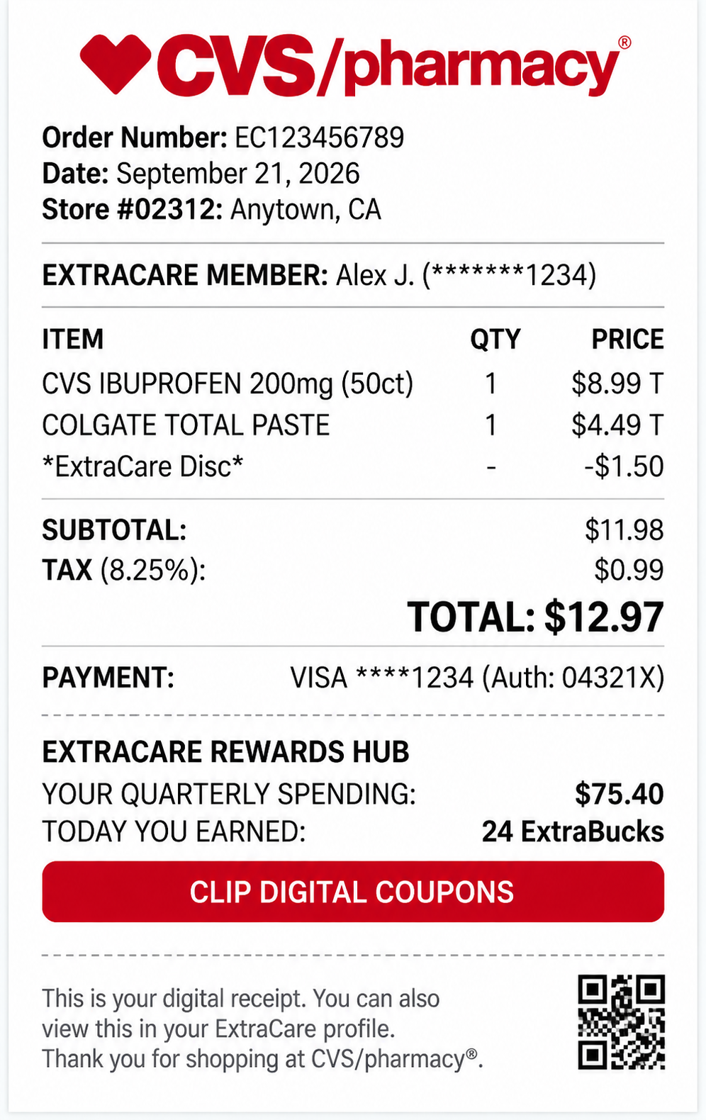 CVS ExtraCare Digital E-Receipt - Free AI Receipt Generator, 50+ Real Receipt Examples